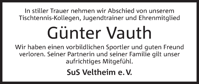  Traueranzeige für Günter Vauth vom 03.08.2019 aus Mindener Tageblatt
