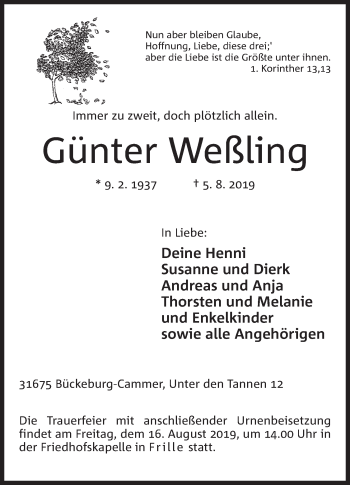 Anzeige von Günter Weßling von Mindener Tageblatt