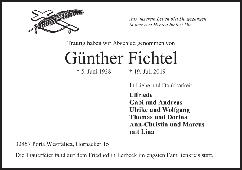  Traueranzeige für Günther Fichtel vom 03.08.2019 aus Mindener Tageblatt