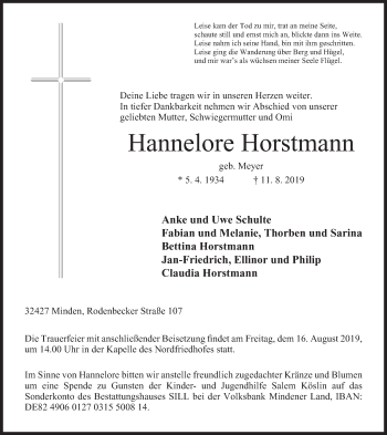 Anzeige von Hannelore Horstmann von Mindener Tageblatt
