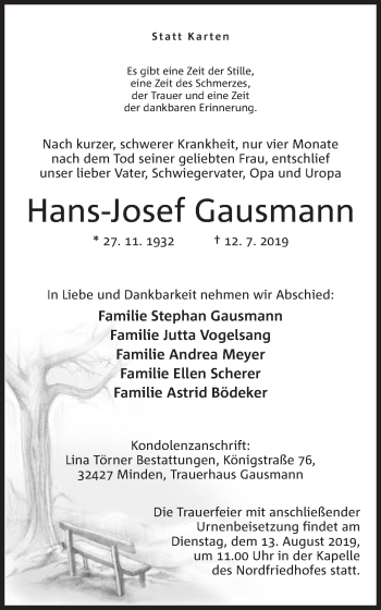 Anzeige von Hans-Josef Gausmann von Mindener Tageblatt
