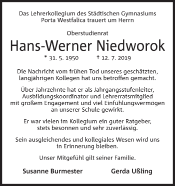 Anzeige von Hans-Werner Niedworok von Mindener Tageblatt