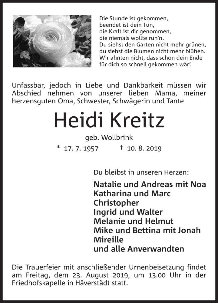  Traueranzeige für Heidi Kreitz vom 17.08.2019 aus Mindener Tageblatt