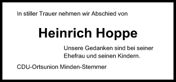 Anzeige von Heinrich Hoppe von Mindener Tageblatt