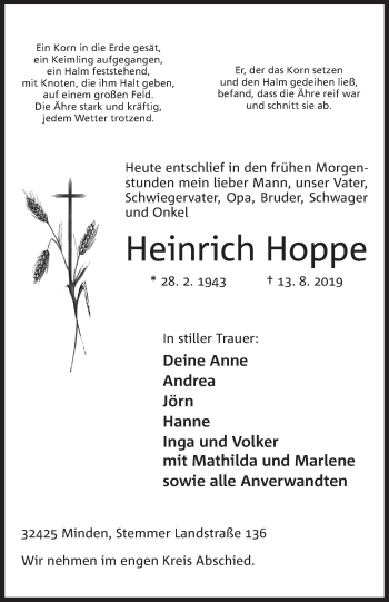 Anzeige von Heinrich Hoppe von Mindener Tageblatt