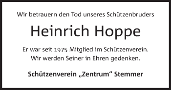 Anzeige von Heinrich Hoppe von Mindener Tageblatt