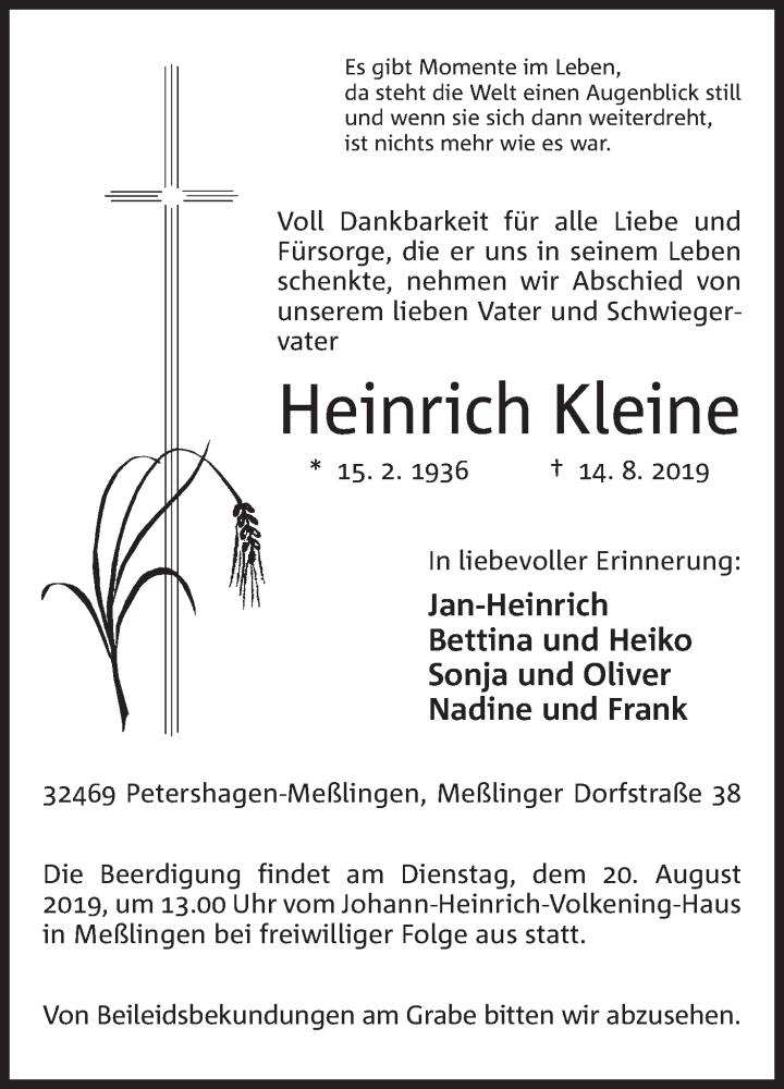  Traueranzeige für Heinrich Kleine vom 17.08.2019 aus Mindener Tageblatt