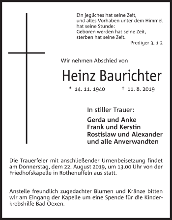 Anzeige von Heinz Baurichter von Mindener Tageblatt