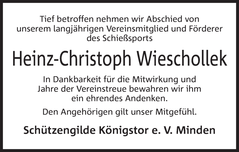  Traueranzeige für Heinz-Christoph Wieschollek vom 03.08.2019 aus Mindener Tageblatt