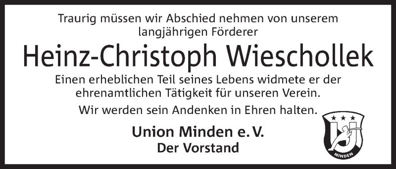  Traueranzeige für Heinz-Christoph Wieschollek vom 01.08.2019 aus Mindener Tageblatt