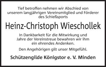 Anzeige von Heinz-Christoph Wieschollek von Mindener Tageblatt