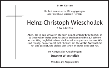 Anzeige von Heinz-Christoph Wieschollek von Mindener Tageblatt