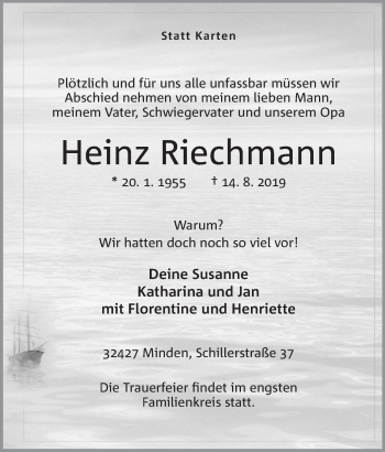 Anzeige von Heinz Riechmann von Mindener Tageblatt