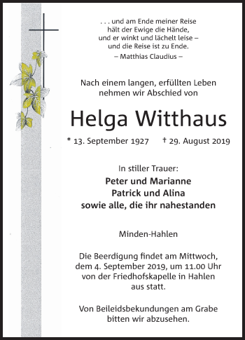 Anzeige von Helga Witthaus von Mindener Tageblatt