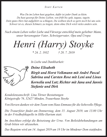 Anzeige von Henri Stoyke von Mindener Tageblatt