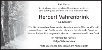 Anzeige von Herbert Vahrenbrink von Mindener Tageblatt