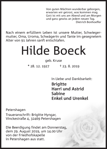 Anzeige von Hilde Boeck von Mindener Tageblatt