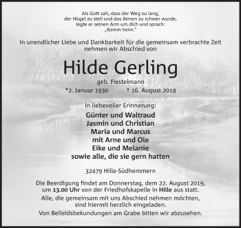 Anzeige von Hilde Gerling von Mindener Tageblatt
