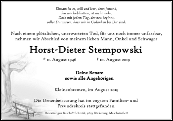 Anzeige von Horst-Dieter Stempowski von Mindener Tageblatt