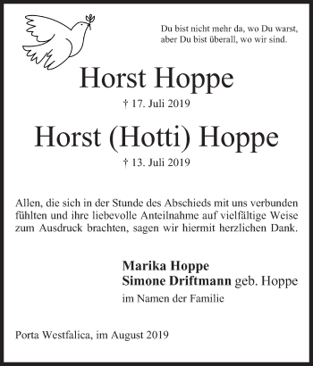 Anzeige von Horst Hoppe von Mindener Tageblatt
