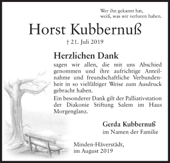 Anzeige von Horst Kubbernuß von Mindener Tageblatt