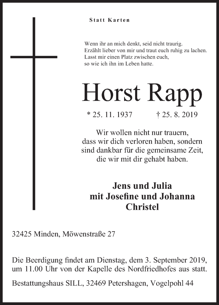  Traueranzeige für Horst Rapp vom 30.08.2019 aus Mindener Tageblatt