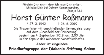 Anzeige von Horst Günter Roßmann von Mindener Tageblatt