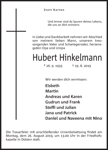 Anzeige von Hubert Hinkelmann von Mindener Tageblatt