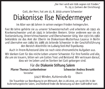 Anzeige von Ilse Niedermeyer von Mindener Tageblatt