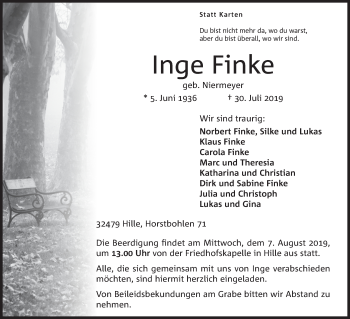Anzeige von Inge Finke von Mindener Tageblatt