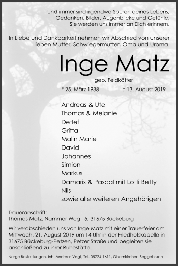 Anzeige von Inge Matz von Mindener Tageblatt