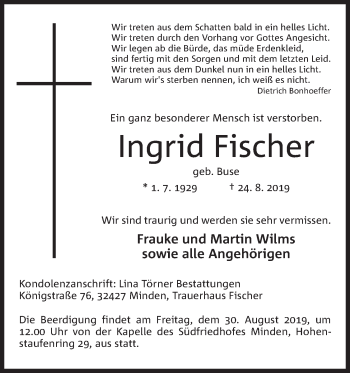 Anzeige von Ingrid Fischer von Mindener Tageblatt
