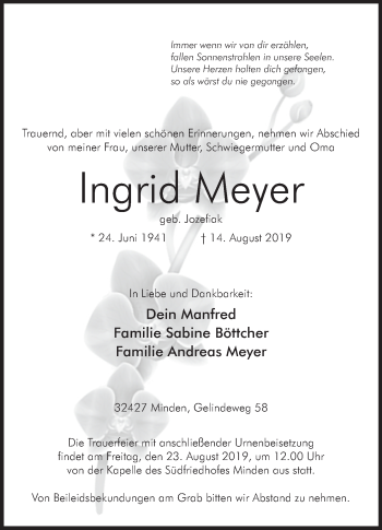 Anzeige von Ingrid Meyer von Mindener Tageblatt