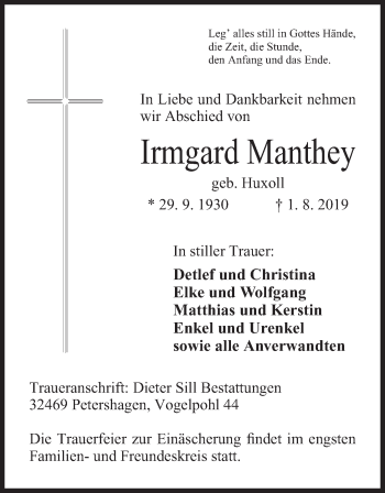 Anzeige von Irmgard Manthey von Mindener Tageblatt
