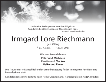 Anzeige von Irmgard Lore Riechmann von Mindener Tageblatt