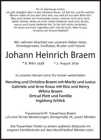 Anzeige von Johann Heinrich Braem von Mindener Tageblatt