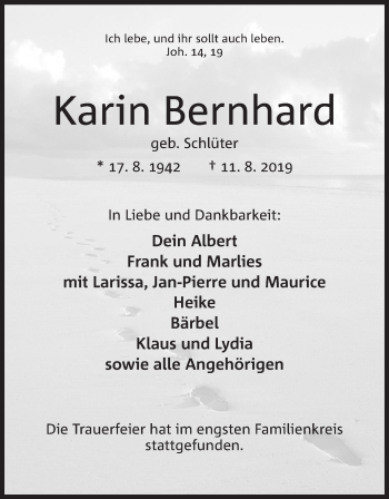Anzeige von Karin Bernhard von Mindener Tageblatt