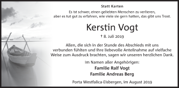 Anzeige von Kerstin Vogt von Mindener Tageblatt