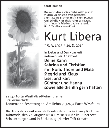 Anzeige von Kurt Libera von Mindener Tageblatt