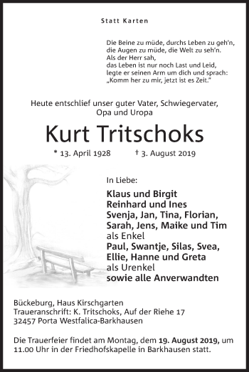 Anzeige von Kurt Tritschoks von Mindener Tageblatt