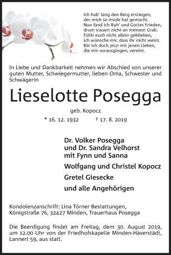 Anzeige von Lieselotte Posegga von Mindener Tageblatt