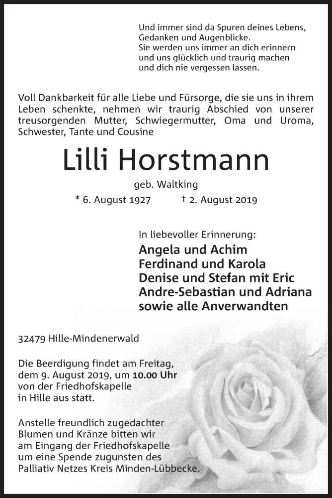  Traueranzeige für Lilli Horstmann vom 06.08.2019 aus Mindener Tageblatt