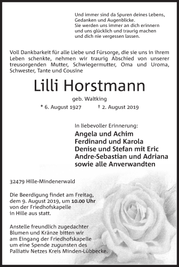 Anzeige von Lilli Horstmann von Mindener Tageblatt