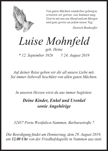Anzeige von Luise Mohnfeld von Mindener Tageblatt