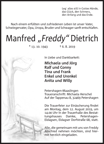 Anzeige von Manfred Dietrich von Mindener Tageblatt