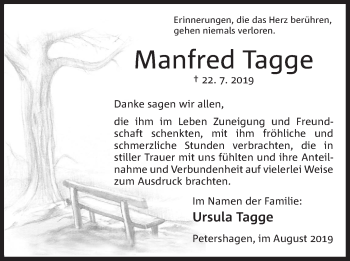 Anzeige von Manfred Tagge von Mindener Tageblatt