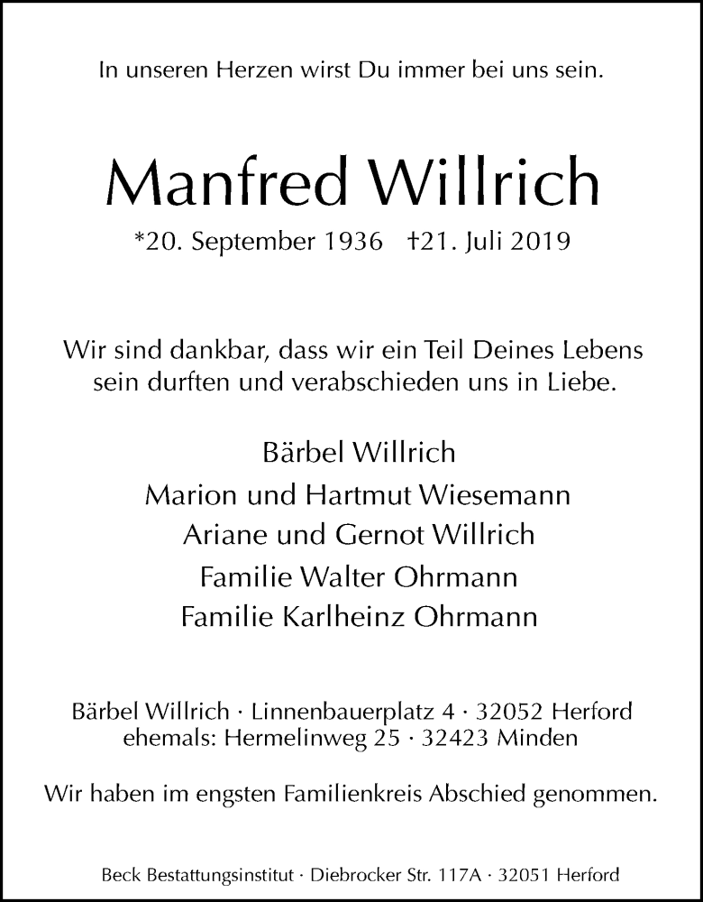  Traueranzeige für Manfred Willrich vom 03.08.2019 aus Mindener Tageblatt