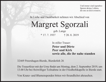 Anzeige von Margret Sgorzali von Mindener Tageblatt