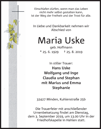 Anzeige von Maria Uske von Mindener Tageblatt
