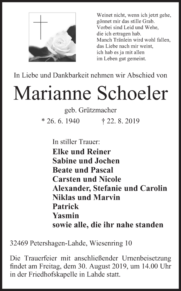  Traueranzeige für Marianne Schoeler vom 24.08.2019 aus Mindener Tageblatt